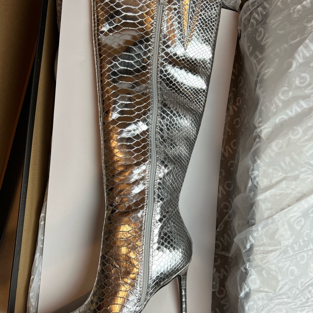 Silver Snakeskin Knee-High Boots